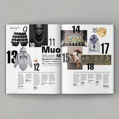 an open magazine with photos and text on it's pages, including the number one