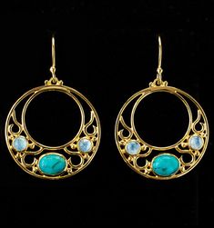 Gold Turquoise & Moonstone Hoop Earrings Turquoise Hoop Earrings Gold, Spiritual Grounding, Art Nouveau Earrings, Moonstone Gemstones, Rainbow Moonstone Jewelry, Earrings Outfit, Art Nouveau Earring, Moon Gold, Turquoise Hoop Earrings