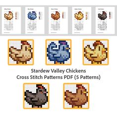 the cross stitch pattern for chickens is shown in four different colors and sizes, including one with