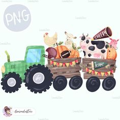 a tractor with farm animals riding on it's back and the words png are in