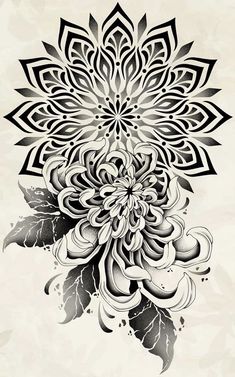 a black and white drawing of a flower with lots of leaves on the bottom corner