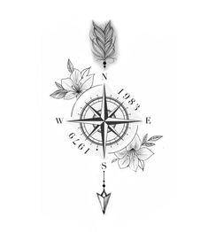 a compass tattoo with flowers and leaves on it