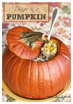 a pumpkin filled with oatmeal sitting on top of a plate