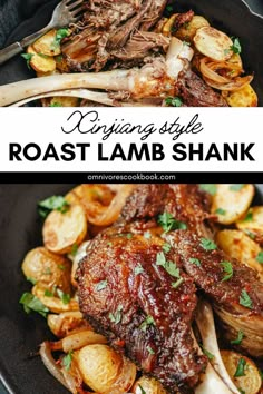 roast lamb shank with potatoes and parsley on the side in a skillet