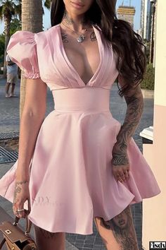 Fisdy - Sophisticated Party Wear Mini Dress with Sleeve Detail Mini Gown, Evening Mini Dresses, Vestidos Color Rosa, Elegant Mini Dress, Pleated Skirt Dress, Fall Winter Dresses, Formal Dresses Short, Mini Dresses Online, Exclusive Dress