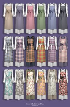 an image of women's aprons in different colors and patterns on a purple background