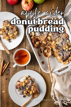 an apple cider donut bread pudding on a table with apples and cinnamon sticks