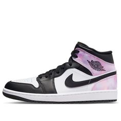 The Air Jordan 1 Mid SE Zen Master Amethyst Wave is an iconic sneaker for the die-hard Air Jordan fan. Released in 2022, this model features a mid-top design and multi-faceted color scheme that will stand out from the crowd. The base of this shoe is white leather, while the overlays contrast with Black hues. The Bleached Coral accent adds a vibrant hit to the back of the heel, making this sneaker absolutely eye-catching. Constructed up to Nike’s exacting standards, the Air Jordan 1 Mid SE Zen Master Amethyst Wave is built for stability and durability with its cupsole and Nike Air cushioning at the base of the heel. This truly unique design is sure to capture your attention wherever you go – get your pair today! Jordan 1 Tie Dye, Mid Jordan 1, Jordan Shoes For Men, Jordan 1 Mids, Nike Jordan 1 Mid, Air Jordan 1 Shoes, Bleached Coral, Jordan Mid, Tie Dye Shoes