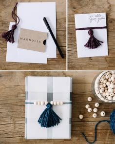 various pictures of gift wrapping with tassels and beads on it, including the ribbon