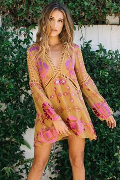 Barcelona A-line dress in old gold Exclusive Bohemian Swimwear, Barcelona Dress, Top Clothing Brands, Lemon Dress, Silk Slip Dress, Love And Lemons, Fashion Line, Bohemian Dress, For Love And Lemons