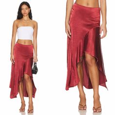 So Sleek And Sultry, This Stunning Skirt Will Turn Heads At Every Occasion. Color: Russet Acorn 100% Polyester Unlined Hidden Side Zipper Closure Thick Flowy Satin Fabric With Handkerchief Hem Asymmetrical Hemline Size 12 Waist: 34'' , Length: 22''(Shortest) 38''(Longest) New Without Tag, Tag String Still Attached B-56(10) Asymmetrical Lined Maxi Skirt For Party, Chic Asymmetrical Draped Skirt For Night Out, Fitted Asymmetrical Skirt For Date Night, Chic High-low Hem Evening Bottoms, Asymmetrical Lined Wrap Skirt For Party, Asymmetrical Flowy Skirt For Night Out, Summer Evening Bottoms With High-low Hem, Chic Fitted Wrap Skirt For Brunch, Chic Fitted Skirt With High-low Hem