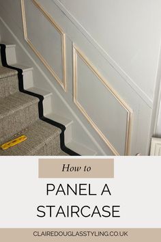 A stair case wall with wood moulding strips stuck on for picture frame moulding wall panelling Easy Panelling Stairs, Chair Rail On Stairs, Hall Stairs Panelling, Wood Panelling Stairs, Staircase Panelling Ideas, Wall Panelling Staircase, Picture Frame Molding Staircase