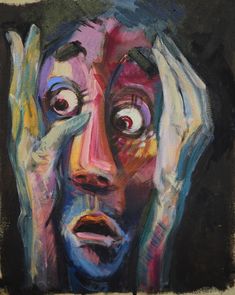 a painting of a person holding their hands up to their face with eyes wide open