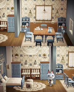 the interior of a dollhouse with furniture and decor in blue, beige and white