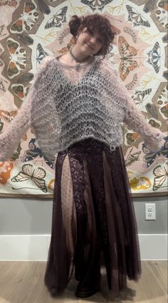 Crochet Sweater Loose Knit, Sheer Knit Sweater Outfit, Loose Knit Sweaters Outfit, Crochet Sweater Loose, Seethrough Knit Sweater, Loose Knit Sweater Outfit, Loose Skirt Outfit, Open Knit Sweater Outfit, Deep Purple Outfit