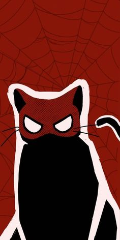 a red and black cat with eyes on it's face, sitting in front of a spider web background