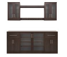 two brown cabinets with glass doors and shelves