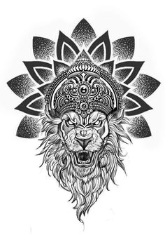 the head of a lion wearing a hat with flowers on it's forehead, in black and white