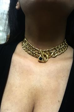 "Stylish, with a young, chic look. If you want to make your outfit look amazing and with a presence, don't miss the necklace on your neck! A gold necklace, made of gold 24 K plated brass in very high quality, with toggle clasp bracket pendant. The choker comes in a double layer that gives it a look with lots of presence and chic. SIZE Length : 11.8 inches (30 cm) 13.5\" (35cm). the size refres to the first chain. The chain comes with a chain extension behind the neck . width chain : 0.39 inch (1 Metal Figaro Chain Choker Necklace, Metal Choker Necklace With Toggle Clasp, Metal Toggle Necklace With Chunky Chain Choker, Metal Toggle Necklace With Chunky Chain, Metal Chunky Chain Toggle Choker Necklace, Metal Toggle Choker With Chunky Chain, Gift Toggle Chain Necklace Choker, Gift Toggle Choker Necklace, Thick Choker Necklace