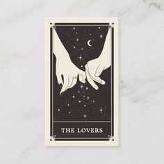 the lovers tarot card with two hands holding each other's hand and stars in the background