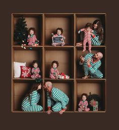 a man and woman in matching christmas pajamas with their children