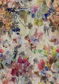 an abstract painting of flowers and leaves