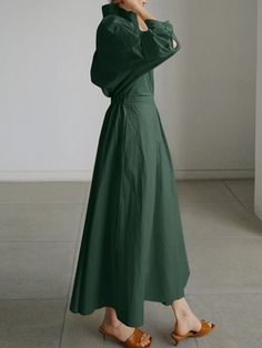 Color: Beige, Green, Black Size: S-4XL Composition: 100% Cotton Collar: POLO Neck Length: Midi Pattern: Solid Long Sleeve Dress Outfit, Maxi Dresses Online, Green Long Sleeve Dress, Long Maxi Dresses, Cheap Maxi Dresses, Office Chic, Crochet Cow, Maxi Shirts, Dress Shopping