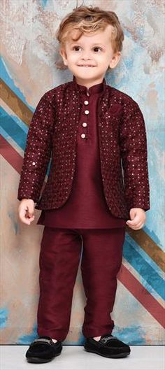 Red and Maroon color Boys Kurta Pyjama with Jacket in Viscose fabric with Embroidered work Red Sherwani For Festive Occasions, Red Bandhgala For Eid, Red Long Sleeve Bandhgala For Eid, Red Long Sleeve Bandhgala For Festivals, Red Long Sleeve Nehru Jacket For Eid, Red Long Sleeve Nehru Jacket For Festivals, Festive Red Long Sleeve Bandhgala, Festive Long Sleeve Red Bandhgala, Red Nehru Jacket With Resham Embroidery And Long Sleeves