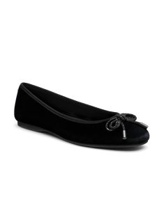 We turned up the romance on our Hummingbird flat by adding a sparkly jeweled double string bow atop plush black velvet. Crafted with our Barefoot Ballerina technology, this silhouette includes a completely flexible satin-lined footbed that bends with you as if you are barefoot, but still offers full arch support and seven layers of cloud-like comfort. This little gem is complete with our signature grosgrain backtab and gold Birdies logo. | The Hummingbird - Black Velvet Jeweled Bow Birdies Flats in  Satin Birdies Shoes, Outdoor Wear, Birdy, Arch Support, Womens Flats, Black Velvet, Ballet Flats, Arch, Ballet