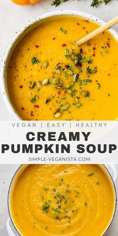 creamy pumpkin soup in two white bowls with a wooden spoon