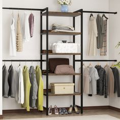 an open closet with clothes and shoes hanging on the wall, next to a potted plant