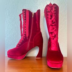 Brand: Touch Of Cyn By Cyndi Lauper Color: Red Style: Boot Size: 8w Excellent Condition Never Worn Lace Up Red Boots With A Wedge Heel And Zipper On The Side. Offers Welcome. Cyndi Lauper, Red Boots, Red Style, Red Fashion, Shoes Heels Boots, Wedge Heels, Shoes Women Heels, Heeled Boots, Shoes Heels