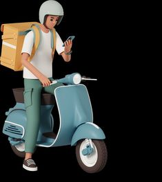 a person on a scooter with a box on his back and a cell phone in their hand