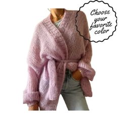 a woman wearing a pink cardigan sweater with the words choose your favorite color above it