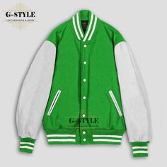 This is Kelly Green & White Varsity Jacket is made of High Quality Wool and Cowhide Leather Sleeves. The Front of this Jacket is Snaps Closure. Collar and Cuffs of the Jacket are Rib Knitted.  It has Four Pockets (Genuine Leather trim is used on the Pockets).  Polyester Quilted Lining is used inside to make you feel warm and comfortable. NOTE: ● Please look at the product images and carefully select your required size. ● Product color may vary due to photographic lighting sources or your monitor Green Hooded Cotton Varsity Jacket, Green Long Sleeve Varsity Jacket, Green Cotton Long Sleeve Varsity Jacket, Green Fitted Varsity Outerwear, Fitted Green Varsity Outerwear, Fitted Green Track Jacket For Winter, Green Varsity Jacket With Pockets, Green College Outerwear With Pockets, Green Outerwear With Pockets For College