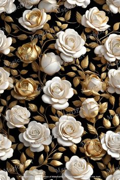 white and gold roses with leaves on a black background for wallpaper or fabric design