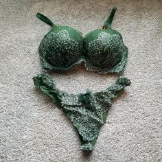 Retired Victoria Secret 32dd Dream Angels Lined Demi With Matching Small Low-Rise V-String Panty. Both New With Tags. Dark Army Green Color Lace With Crystals On Both Bra And Panty Elegant Green Stretch Bra, Victoria's Secret Green Lace Trim Bra, Bra And Panties Set, Dr Wardrobe, Velvet Bra, Blue Corset, Army Green Color, Strappy Bralette, Floral Bra