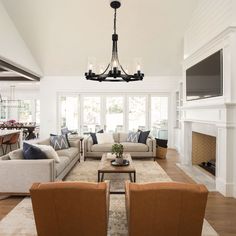 a living room filled with furniture and a flat screen tv mounted on the wall over a fireplace