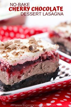 no - bake cherry chocolate dessert lasagna on a red and white plate