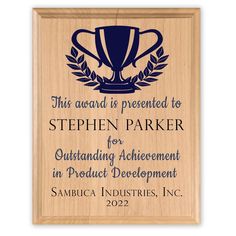 an award plaque with the words, this award is presented to stephen parker for outstanding achievement in product development