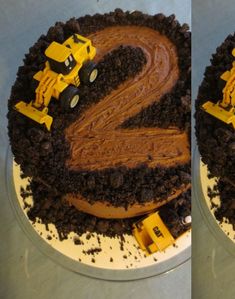 a cake with chocolate frosting and construction vehicles on it