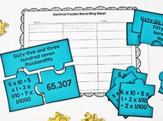 several pieces of blue and yellow puzzles with numbers on them, next to each other