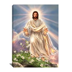 jesus standing on top of a hill with his hands in the air and surrounded by flowers