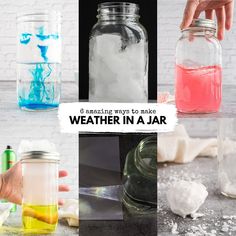 there are many different types of colored liquids in glass jars with the words weather in a jar