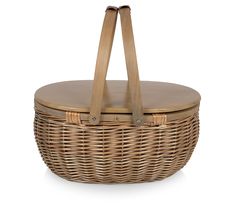 a wicker picnic basket with wooden handles