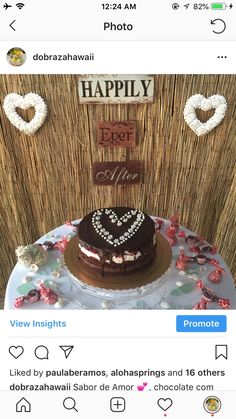 a chocolate cake sitting on top of a table next to a sign that says happy birthday