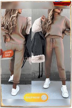 Plain Lantern Sleeve Top & Drawstring Pockets Design Pants Set P2312747101 Khaki Drawstring Pants For Fall, Chic Drawstring Pants For Fall, Ruched Pants, Sequin Hoodie, Lantern Sleeve Top, Pockets Pants, Chic Type, Sweatshirt Set, Sports Suit