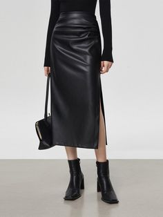 Faux Leather Ruched Slit Midi Skirt Elegant Fall, Winter Skirt, Black Midi Skirt, Business Outfits, Street Style Outfit, Winter Looks, Style Elegant, Skirts For Sale, Casual Outfit