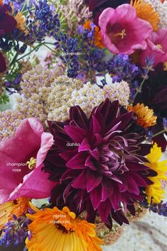 a bunch of flowers that are sitting in a vase on a table with words written below them