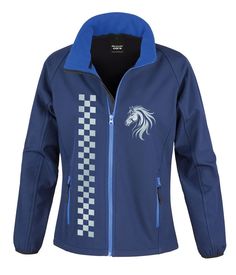 Dark blue softshell jacket with a high collar and a light blue zipper, featuring a stylized horse head graphic on the chest and a vertical checkered stripe design on the left side. Reflective Jacket, Softshell Jacket, Road Safety, Body Warmer, Water Resistant Fabric, Soft Shell Jacket, Horse Rider, Soft Shell, Horse Riding